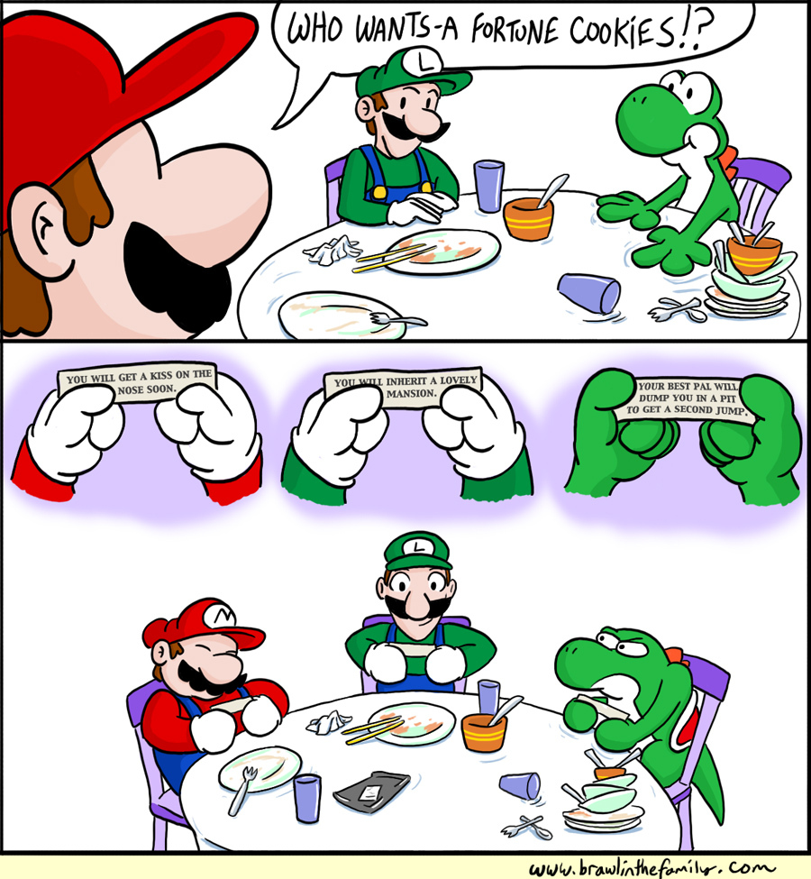 Unbeknownst to Mario, the cookies had been sent to the wrong recipients.  Yoshi ended up getting a peck on the nose the next day due to an over-energetic Birdo, and promptly ended up with egg on his face, so to speak.  Mario later learned that his great uncle had passed on, leaving him a rather lovely mansion for the plumber to inherit, although it was soon infested with Boos.  And poor Luigi once again got the short end of the stick when Mario hopped off his head, New Super Mario Bros. Wii style, to grab that final Star Coin.  Maybe next time he should skip dessert entirely.