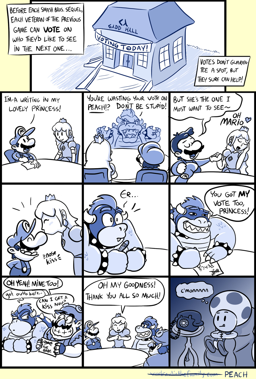 Don't worry, Toad, you'll always have a place in Smash Bros: concealed within Peach's dress!
